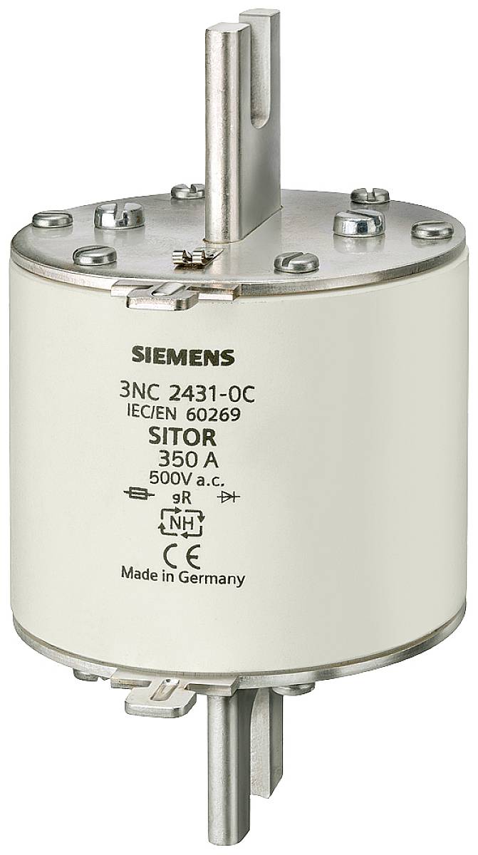 Un insert de fusible cylindrique Siemens portant l'inscription '3NC 2431-0C'. Courant nominal : 350 A, Tension : 500 V AC, Fabriqué en Allemagne.
