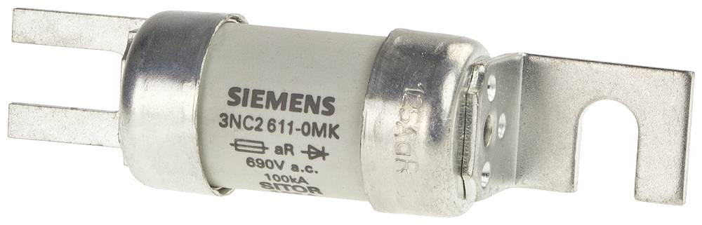 Sécurité industrielle de Siemens, modèle 3NC2 611-0MK, conçu pour 690V. Forme cylindrique avec extrémités métalliques et pattes de connexion.