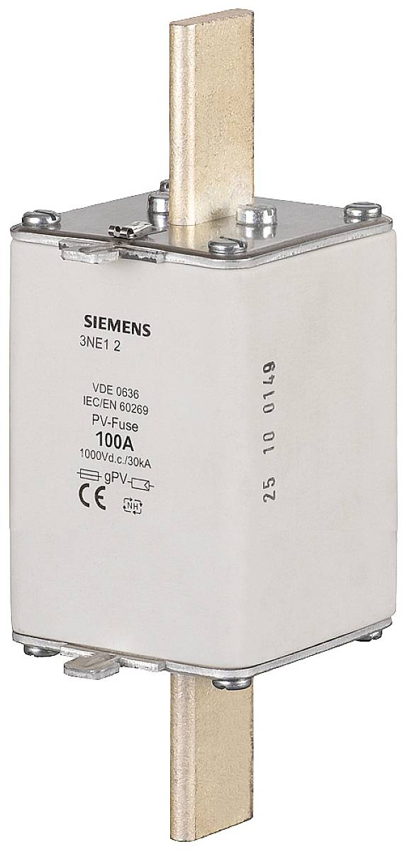 Dispositif de protection Siemens pour installations photovoltaïques avec courant nominal de 100A, adapté pour des tensions continues jusqu'à 1000V.