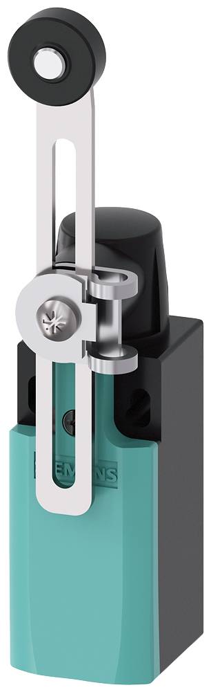 Un interrupteur à levier mécanique en turquoise et noir avec des composants métalliques, utilisé pour des applications industrielles et d'automatisation.