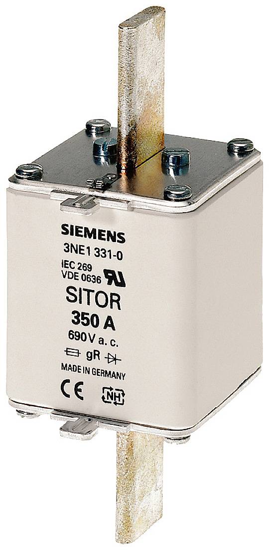 Fusible avec l'inscription 'SIEMENS 3NE1 331-0 SITOR 350 A 690V a.c.'. Adapté aux applications de protection contre les surintensités électriques.