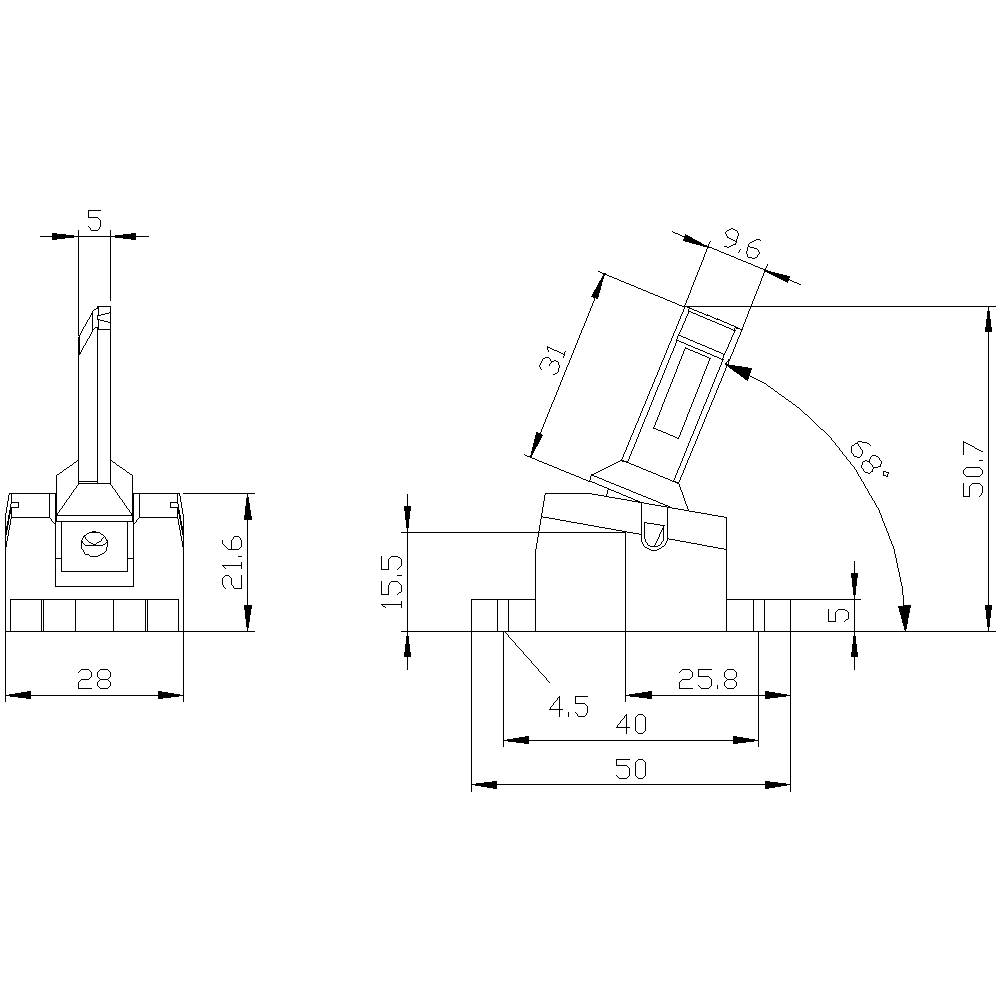Dessin technique d'un composant avec plusieurs dimensions et angles, dont une hauteur de 50,7 mm et un angle de 68 degrés.
