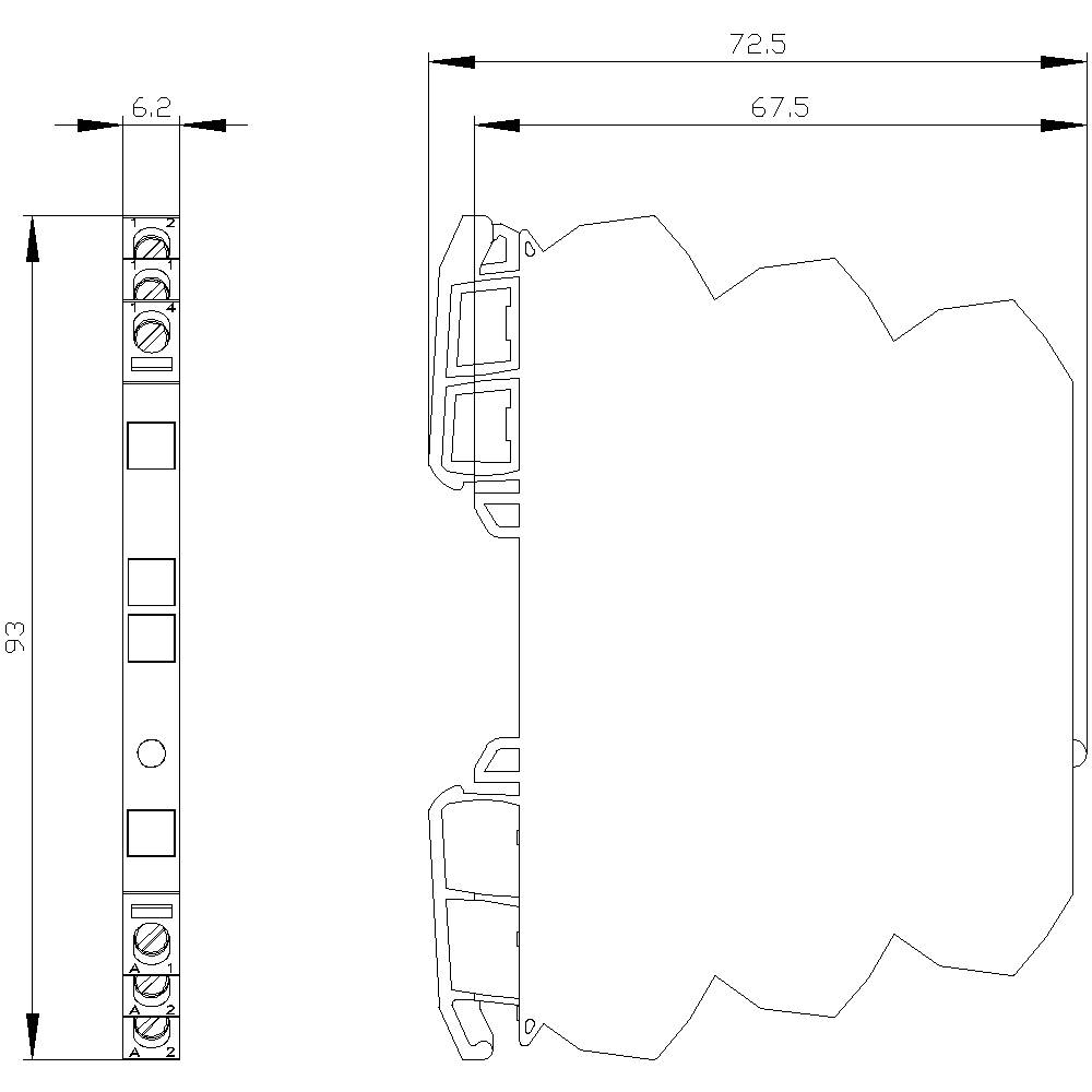 Dessin technique d'un appareil électrique, vue latérale et frontale. Dimensions : 93 mm de hauteur, 72,5 mm de largeur, 6,2 mm d'épaisseur.
