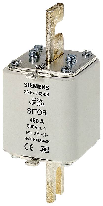 'Siemens SITOR NH-insert de fusible, 450 A, 800 V AC, IEC 269, VDE 0636' est inscrit sur un fusible à contacts métalliques.
