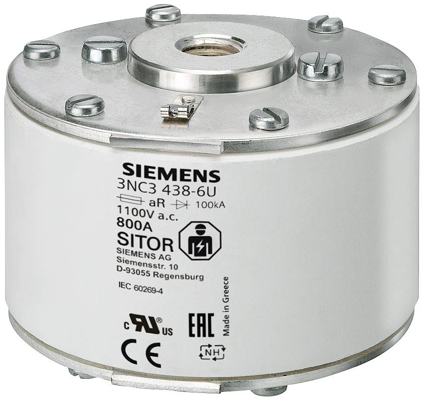Cartouche de fusible cylindrique compact de Siemens avec marquage technique, adapté aux charges électriques élevées jusqu'à 100 kA et 800 A.