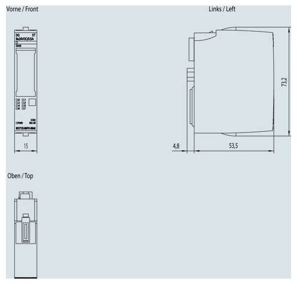 Vues « Avant », « Haut » et « Gauche » d'un appareil électronique compact avec dimensions : 15 mm de largeur, 73,2 mm de hauteur, 53,5 mm de profondeur.