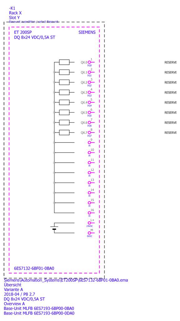 Diagramme de tableau de commande « ET 200SP », montrant l'arrangement des racks et des emplacements avec plusieurs emplacements réservés et des sorties de circuits désignées aux bornes « QX ».