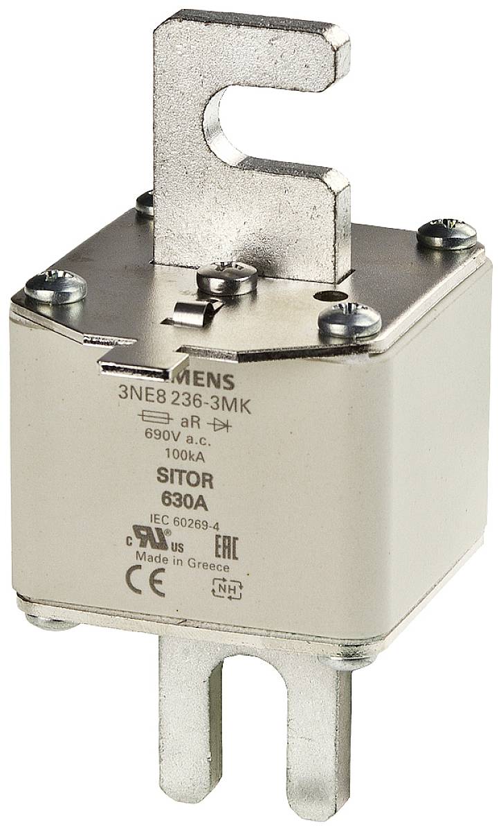 Fusible 3NE8 236-3MK, 690V a.c., 630A, 100kA. Support métallique en haut et en bas, produit par Siemens, fabriqué en Grèce.