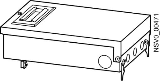 Dessin d'un boîtier électrique rectangulaire avec plusieurs connexions rondes et rectangulaires sur la façade avant.