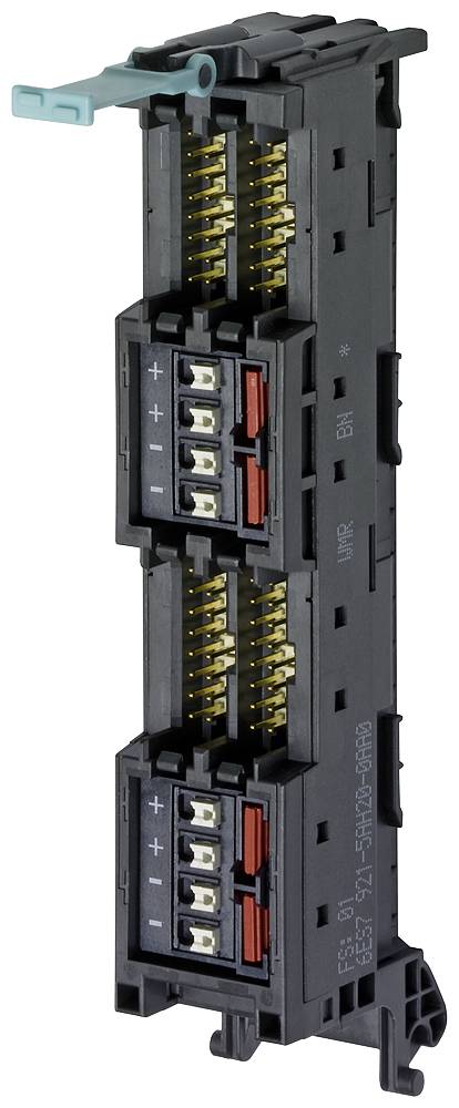 Un connecteur électrique noir avec deux rangées de bornes, des symboles plus et moins, ainsi que des bornes rouges et noires.