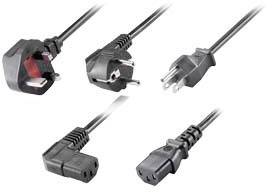 Cinq fiches et câbles de connexion différents pour l'alimentation électrique internationale sont présentés, chacun avec des types de fiches distincts.