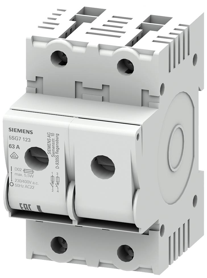 Disjoncteur Siemens, modèle 5SG7 123, 63A. Utilisé pour la protection contre les surintensités et les courts-circuits dans les installations électriques.