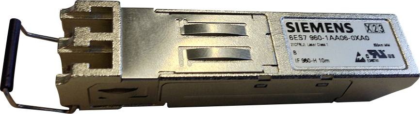 Un module SFP Siemens portant la référence '6ES7 960-1AA05-0XA0'. Adapté pour la transmission de données optiques dans les applications réseau.