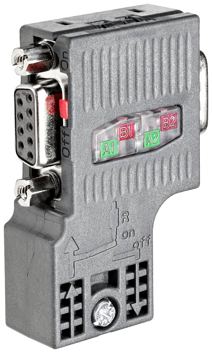 Un adaptateur gris avec quatre LED, étiquetées A1, A2, B1 et B2, indique l'état de la connexion. Connecteur série et vis visibles en bas.