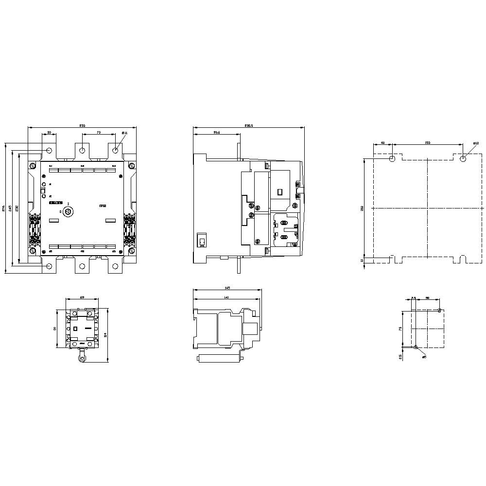 Dessin technique d'un boîtier électrique avec dimensions et connexions. Présente les vues de face, de côté et de dessus.