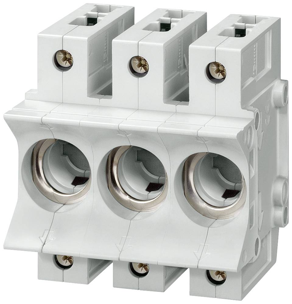 Support de fusible tripolaire en plastique, blanc et gris, avec vis apparentes, pour montage dans des armoires électriques.
