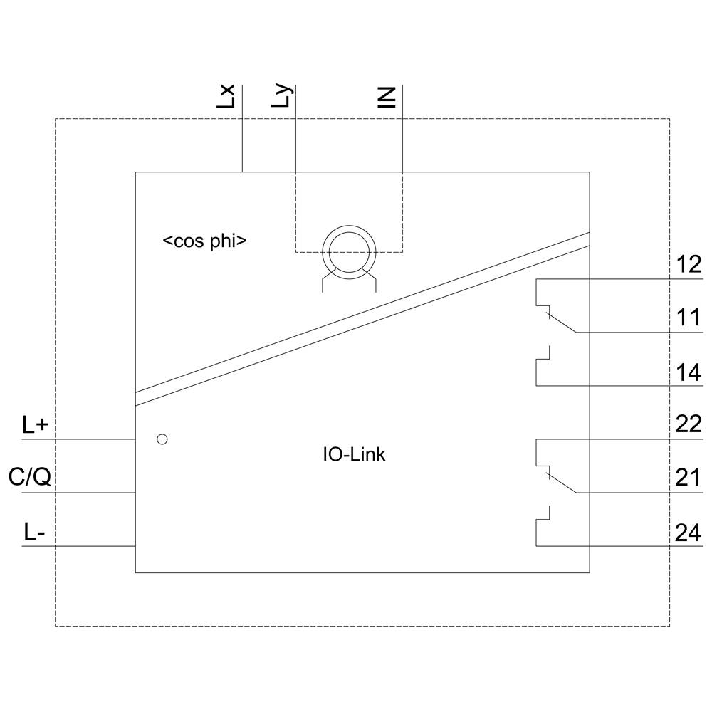 Schéma de câblage d'un module IO-Link avec bornes L+, C/Q, L- et numérotations latérales 12, 11, 14, 22, 21, 24.