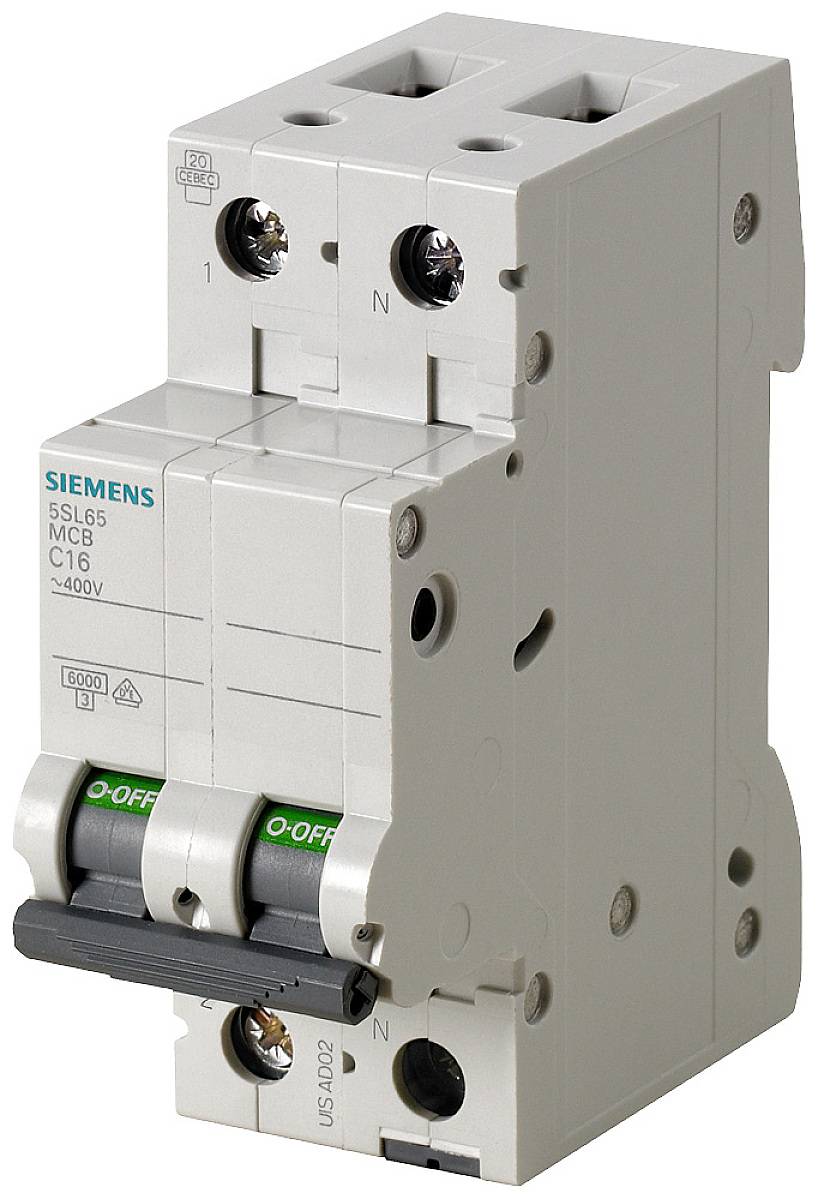 Disjoncteur bipolaire Siemens, modèle 5SL6, C16, avec interrupteur vert '0-ON'. Adapté pour 400V, intensité de courant 16A.