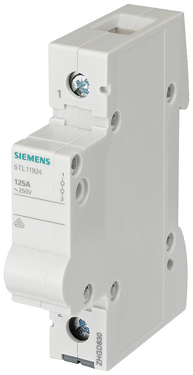 Un disjoncteur Siemens, type 5TL11924, 125A, 250V, avec boîtier blanc et bornes à vis, représenté de face.