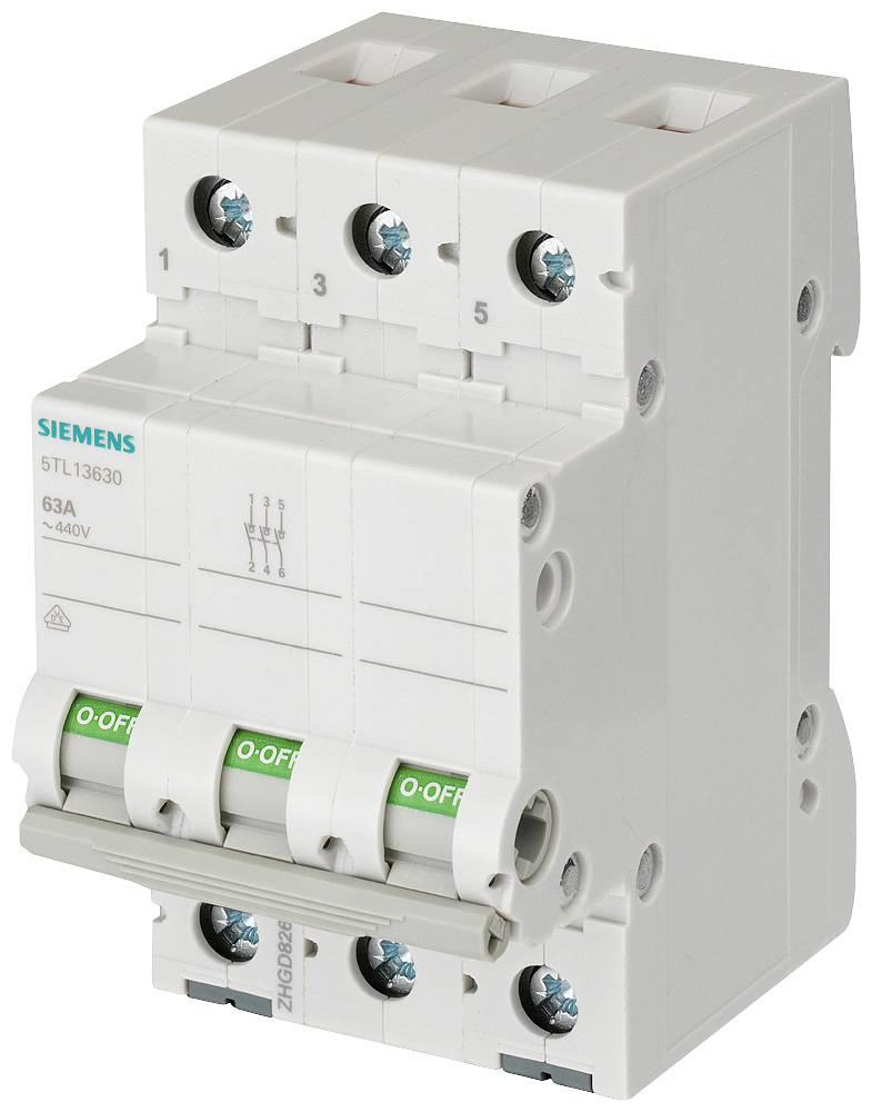 Un disjoncteur tripolaire Siemens, modèle 5TL1 3630, calibré à 63A, adapté pour des tensions jusqu'à 400V.