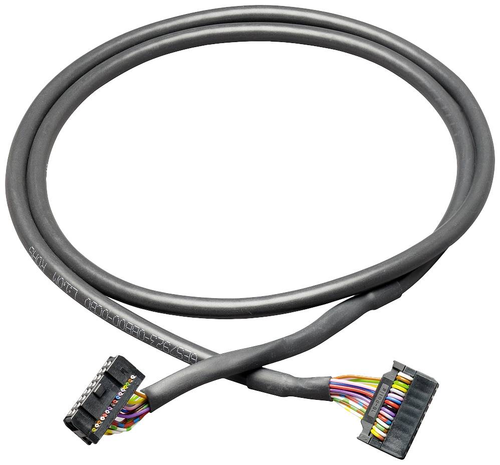 Un câble noir avec deux fiches à ses extrémités et des fils de couleurs, adapté aux connexions électroniques et au câblage.