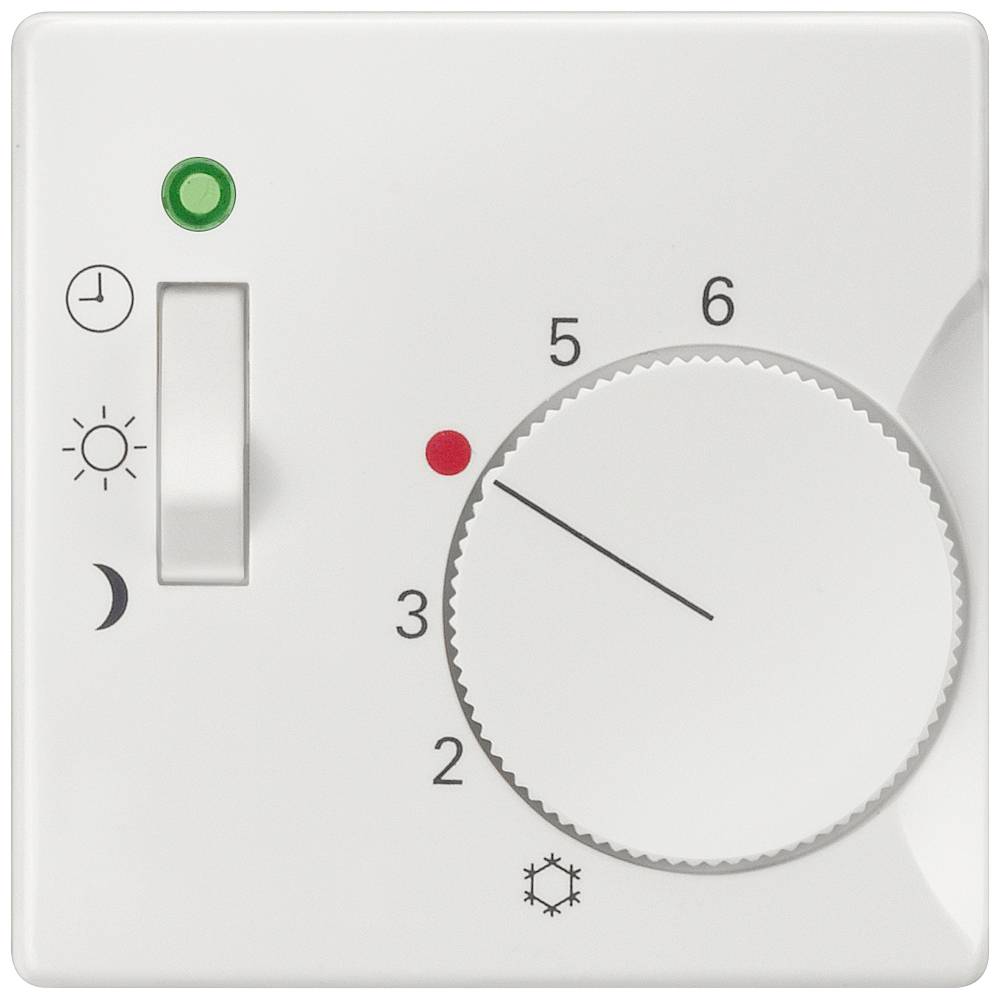 Thermostat blanc avec échelle de réglage de 2 à 6, curseur pour le réglage jour/nuit, indicateurs vert et rouge.