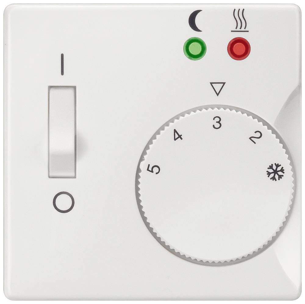Un thermostat blanc avec un bouton rotatif allant de 1 à 5. Des voyants lumineux indiquent vert pour actif et rouge pour le chauffage. Un interrupteur marche/arrêt.