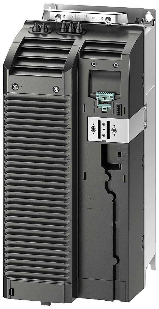 Une armoire électrique verticale, rectangulaire, avec des fentes de ventilation et plusieurs connexions en haut. Adaptée aux applications industrielles.