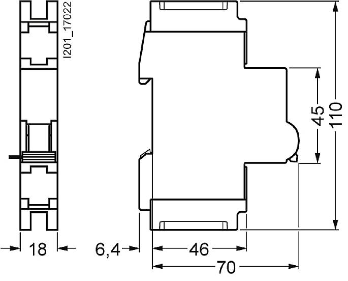 Dessin technique d'un boîtier avec dimensions : hauteur 110 mm, largeur 70 mm, profondeur 18 mm. Présente les détails de la structure et des connexions.