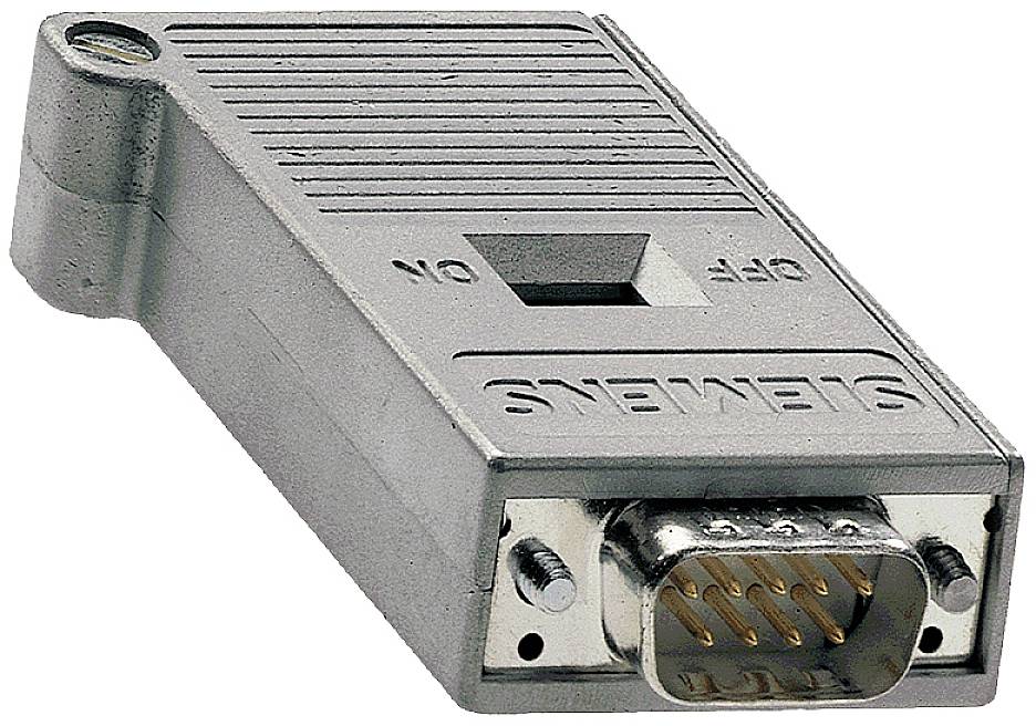 Adaptateur métallique de forme rectangulaire, portant l'inscription 'SIEMENS', doté d'un interrupteur marche/arrêt et de broches dorées à une extrémité.