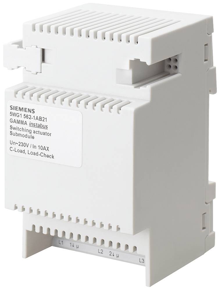 Un dispositif de commutation électrique blanc de Siemens, modèle 5WG1 562-1AB21, pour 230V/10AX. Conçu pour charge C, avec vérification de charge.