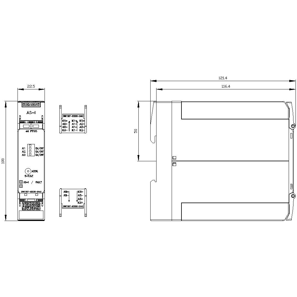 Dessin technique d'un appareil électronique avec des dimensions en millimètres. Les vues frontale et latérale présentent les détails des connexions.