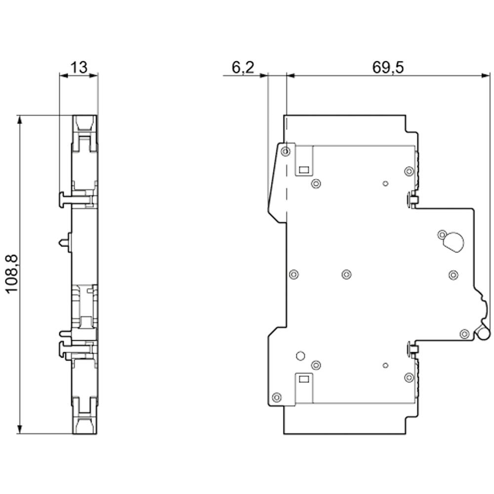 Dessin technique d'un dispositif électrique de commutation avec dimensions : 108,8 mm de hauteur, 69,5 mm de longueur, 13 mm de largeur.