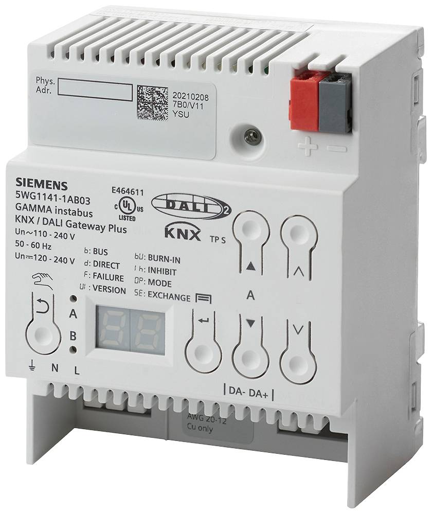 Appareil électronique de Siemens, numéro de modèle 5WG1141-1AB03, une passerelle KNX/DALI. Principalement utilisé pour la commande d'éclairage dans les bâtiments.