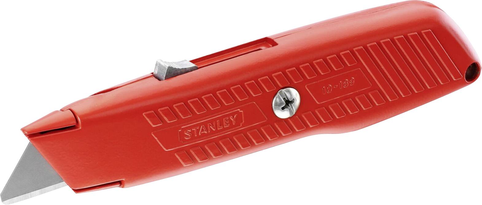 Un couteau universel rouge avec une lame tranchante rétractable et une poignée striée pour une manipulation antidérapante. Le nom de la marque est visible sur la poignée.