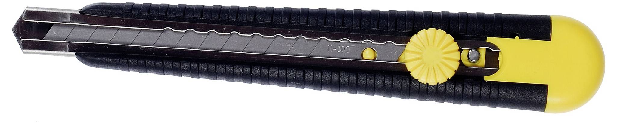 Un cutter jaune et noir avec une lame rétractable, adapté pour couper du papier ou du carton.