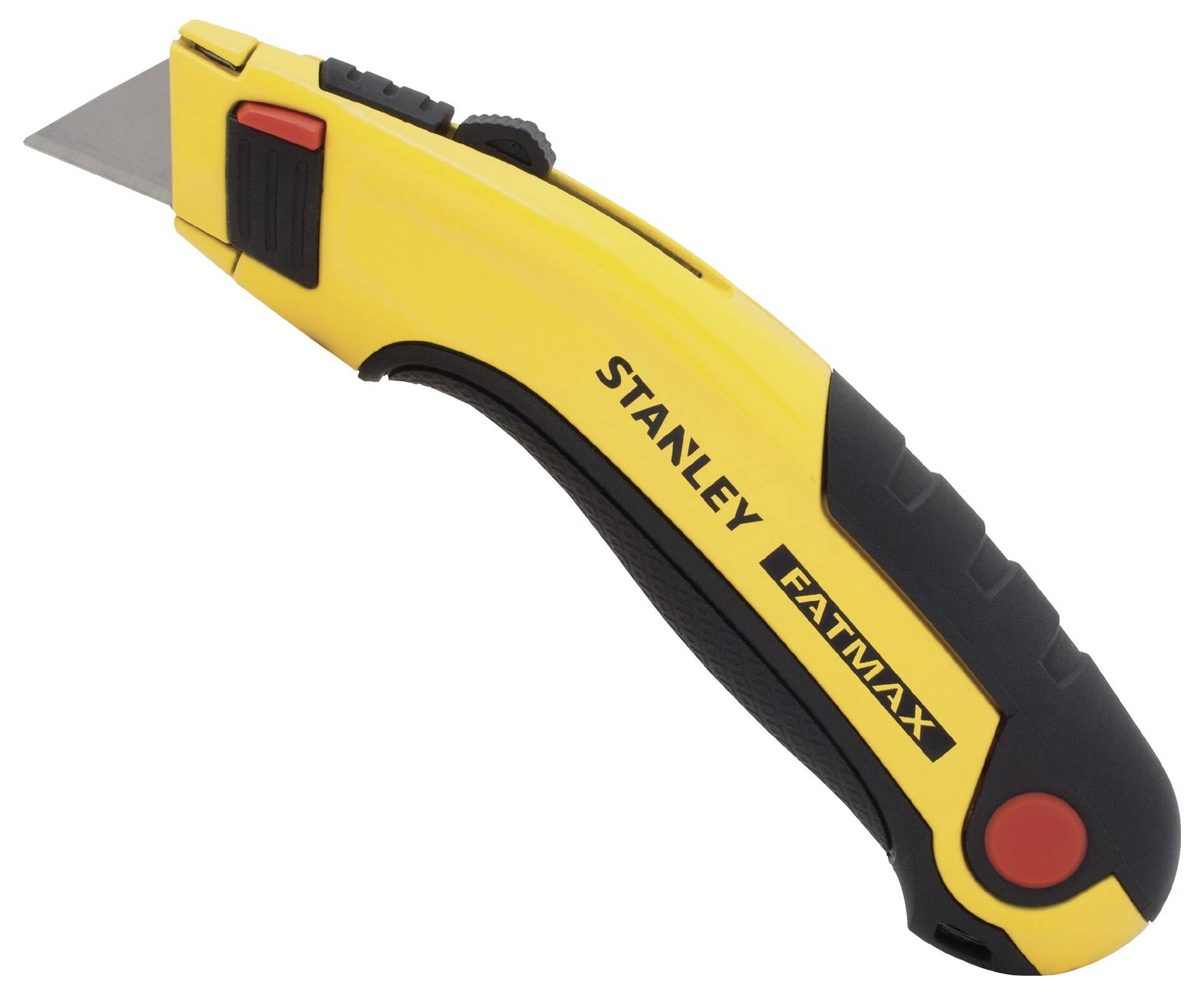 Couteau universel jaune et noir avec lame rétractable, marque 'Stanley Fatmax'.