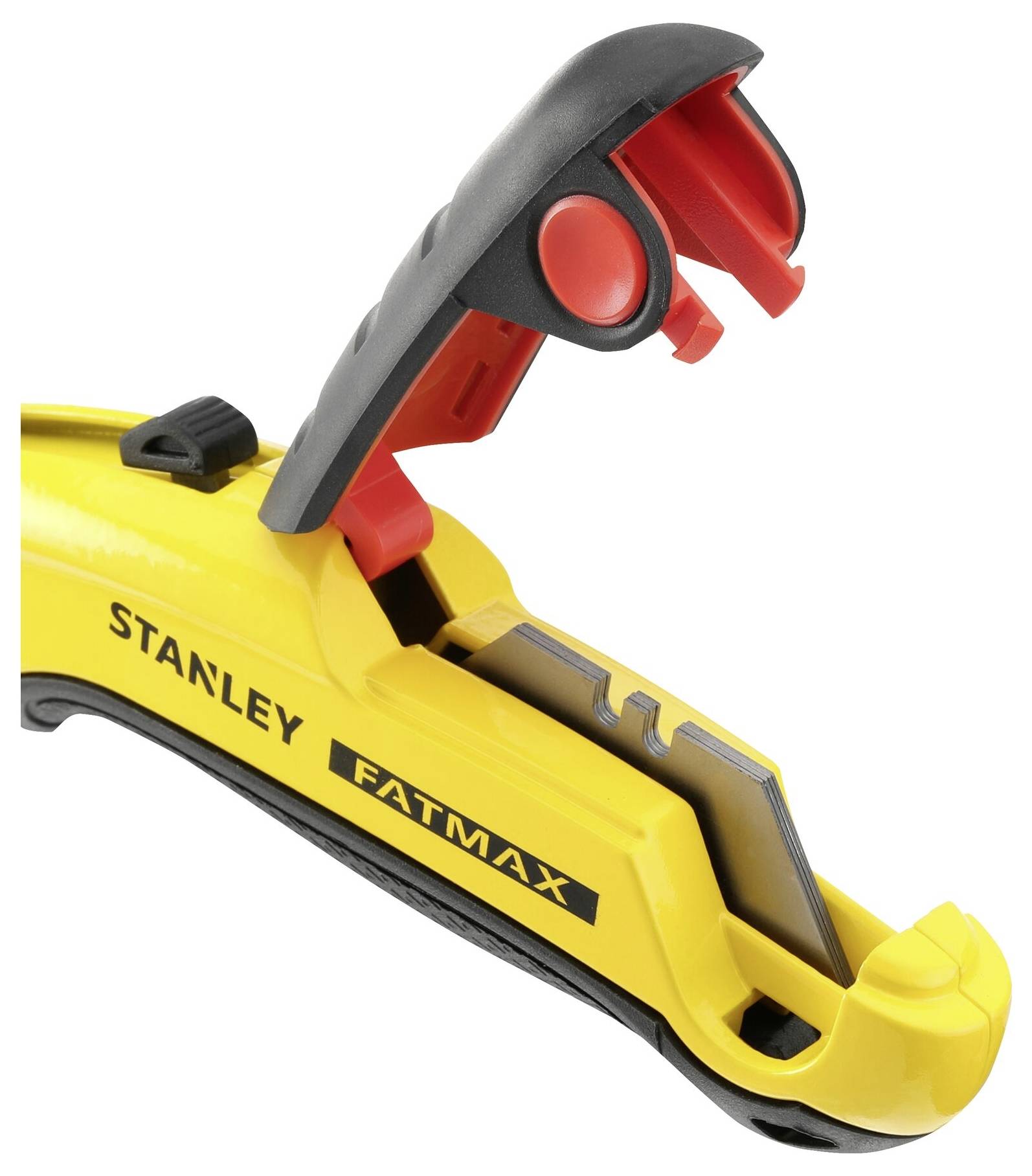 Un cutter Stanley FatMax jaune avec une poignée noire et un mécanisme de pliage rouge ; la lame est ouverte et visible.
