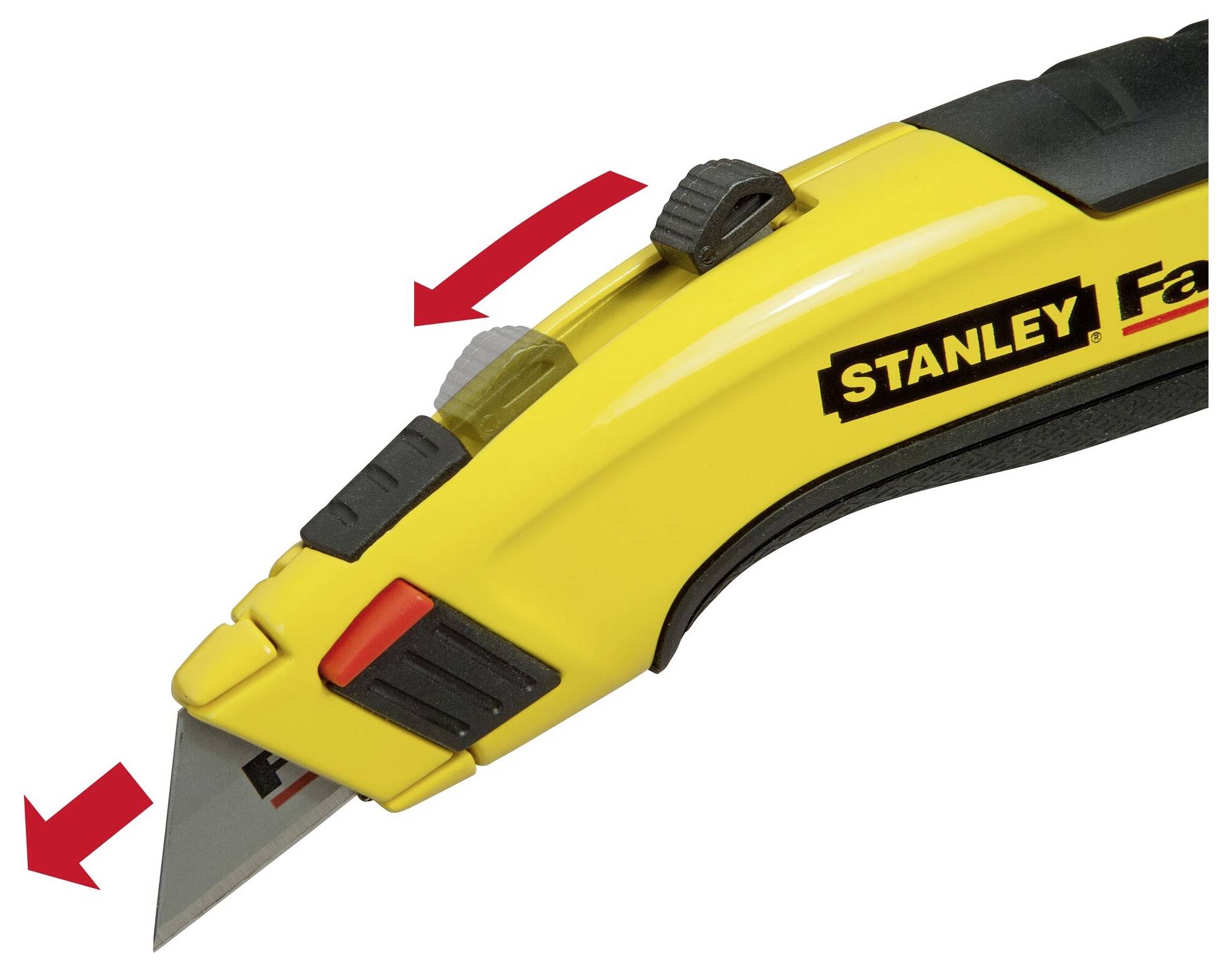 Un couteau à tapis jaune avec un verrouillage de lame. Une flèche rouge indique le mécanisme de coulissement pour l'ajustement de la lame.