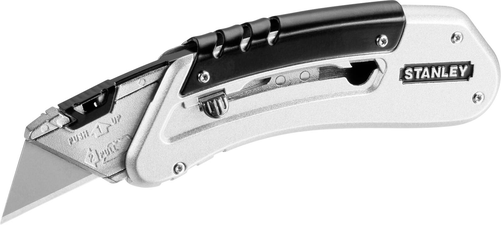 Couteau universel pliant Stanley avec manche noir et lame argentée.