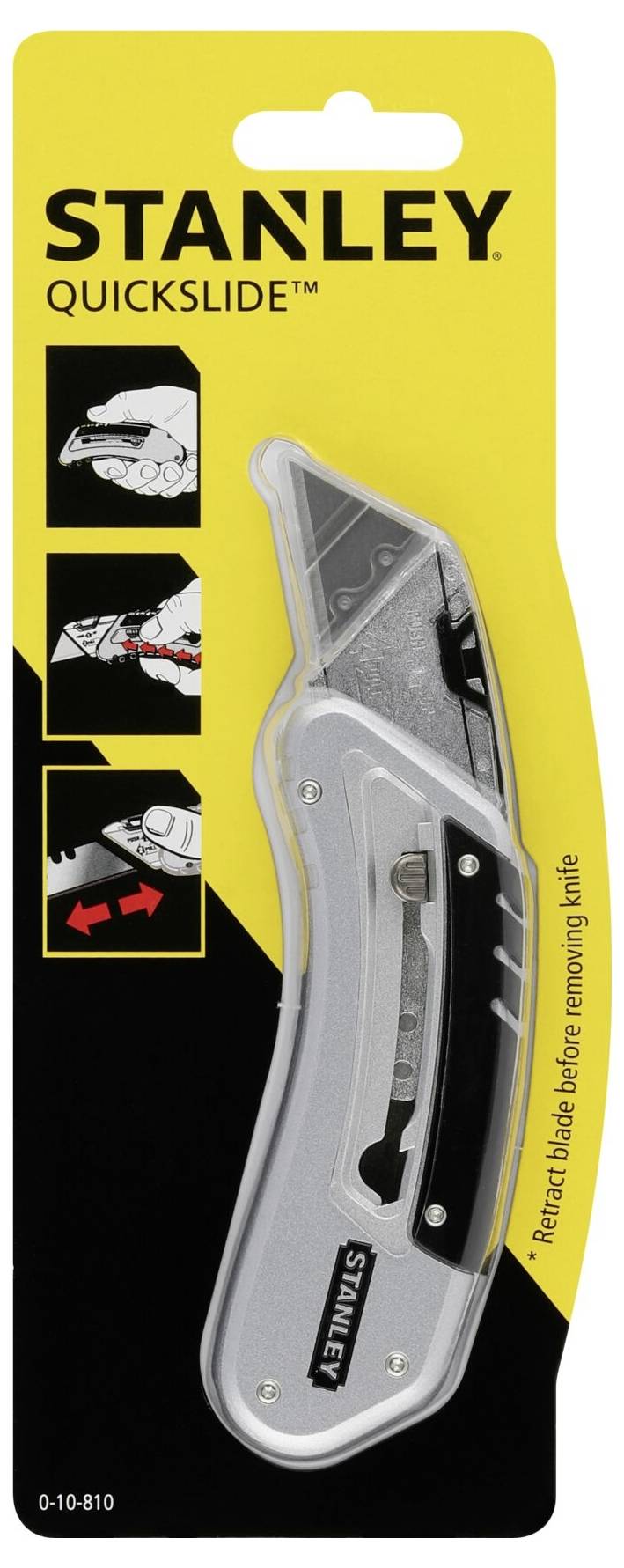 Emballage d'un couteau STANLEY Quickslide. Présente une lame rétractable, un design ergonomique et des instructions pour le changement de lame.
