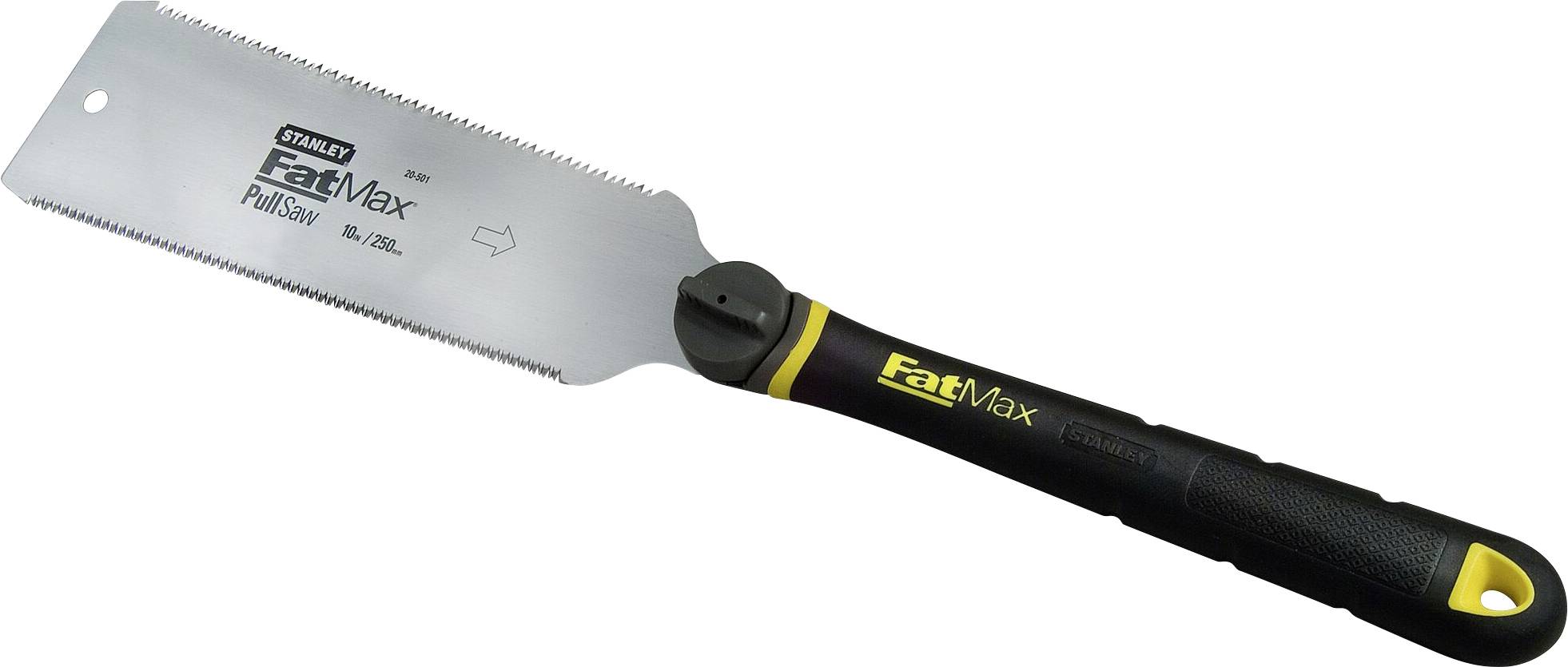 Une scie à main avec une poignée noire et jaune, marquée 'FatMax'. Développée pour couper précisément le bois et d'autres matériaux.
