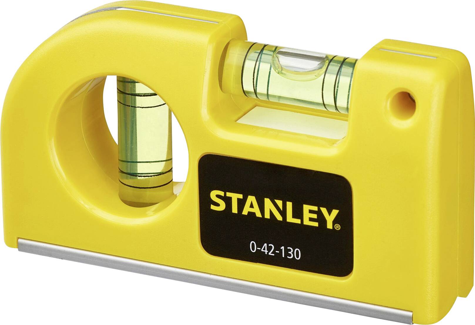 Petit niveau à bulle jaune de la marque STANLEY avec deux tubes, conçu pour vérifier l'horizontalité et la verticalité des surfaces.