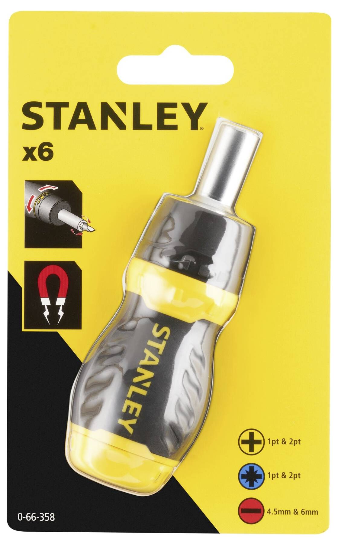 L'image montre un tournevis de Stanley avec six embouts interchangeables. L'emballage est jaune avec des éléments graphiques noirs et rouges.
