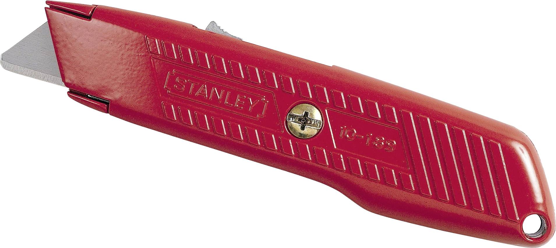 Un couteau universel rouge avec un mécanisme de lame pliable et interchangeable, adapté pour couper du carton et d'autres matériaux.