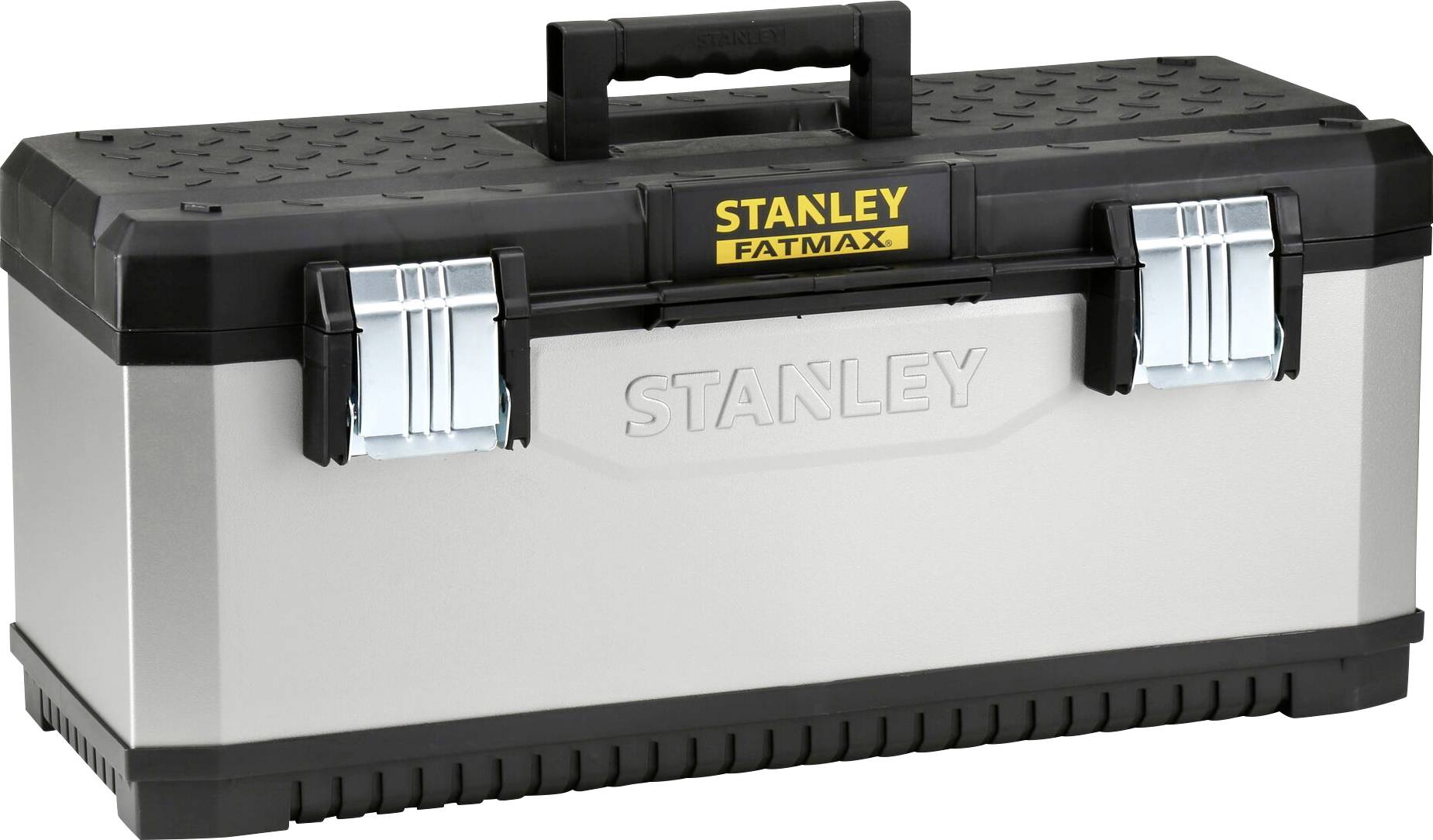 Boîte à outils en métal avec poignées et fermetures en plastique, portant le nom de marque 'Stanley Fatmax'.