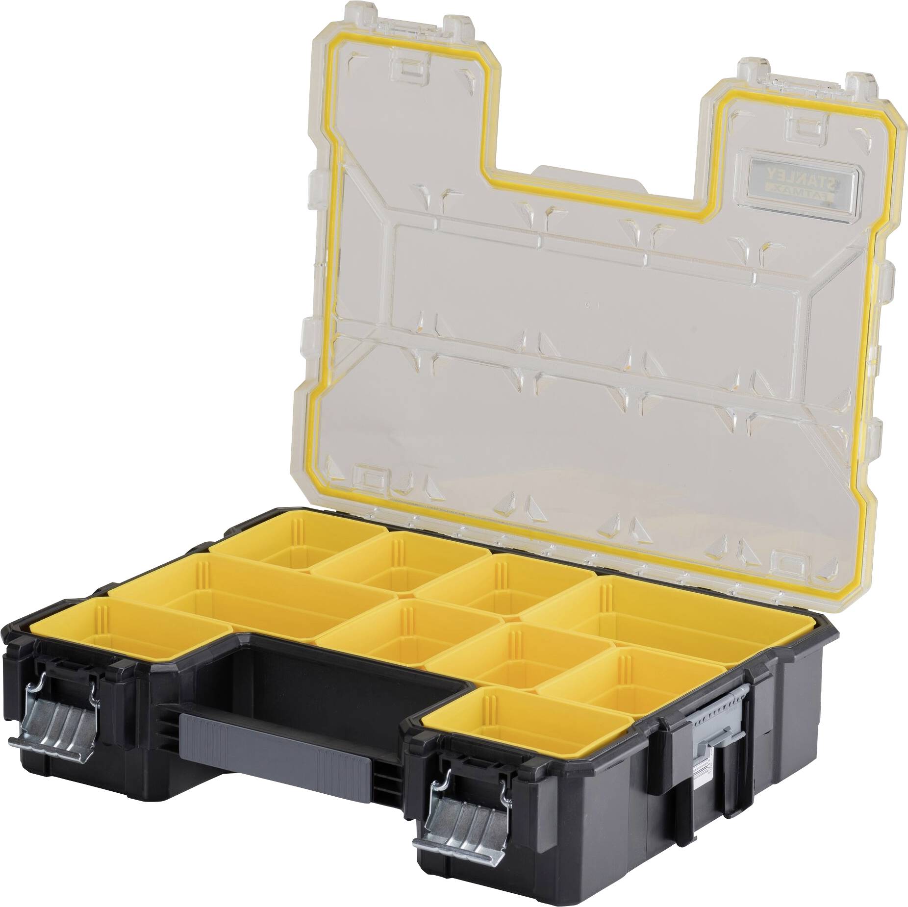 Une boîte à outils ouverte avec des compartiments jaunes pour le rangement des petites pièces. Couvercle transparent sur un boîtier gris.