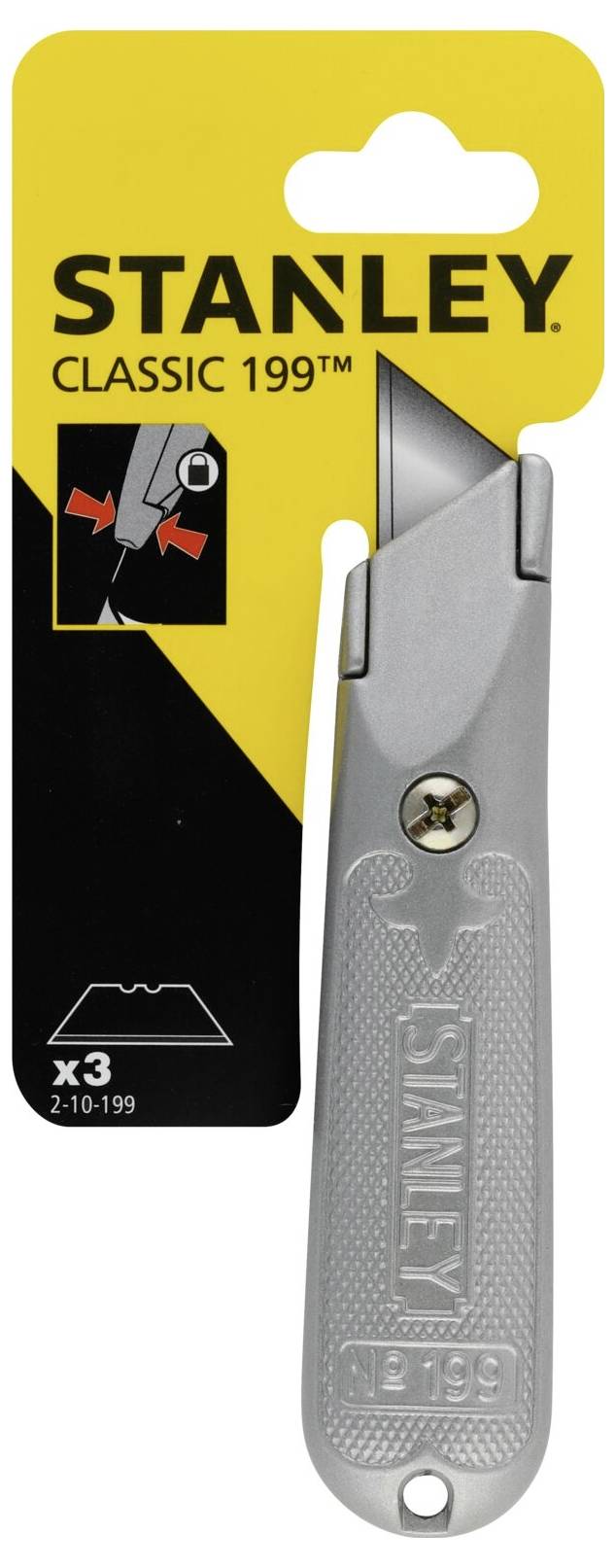 Couteau universel Stanley Classic 199 avec emballage jaune. Couteau de couleur argentée, montrant les lames et le support.