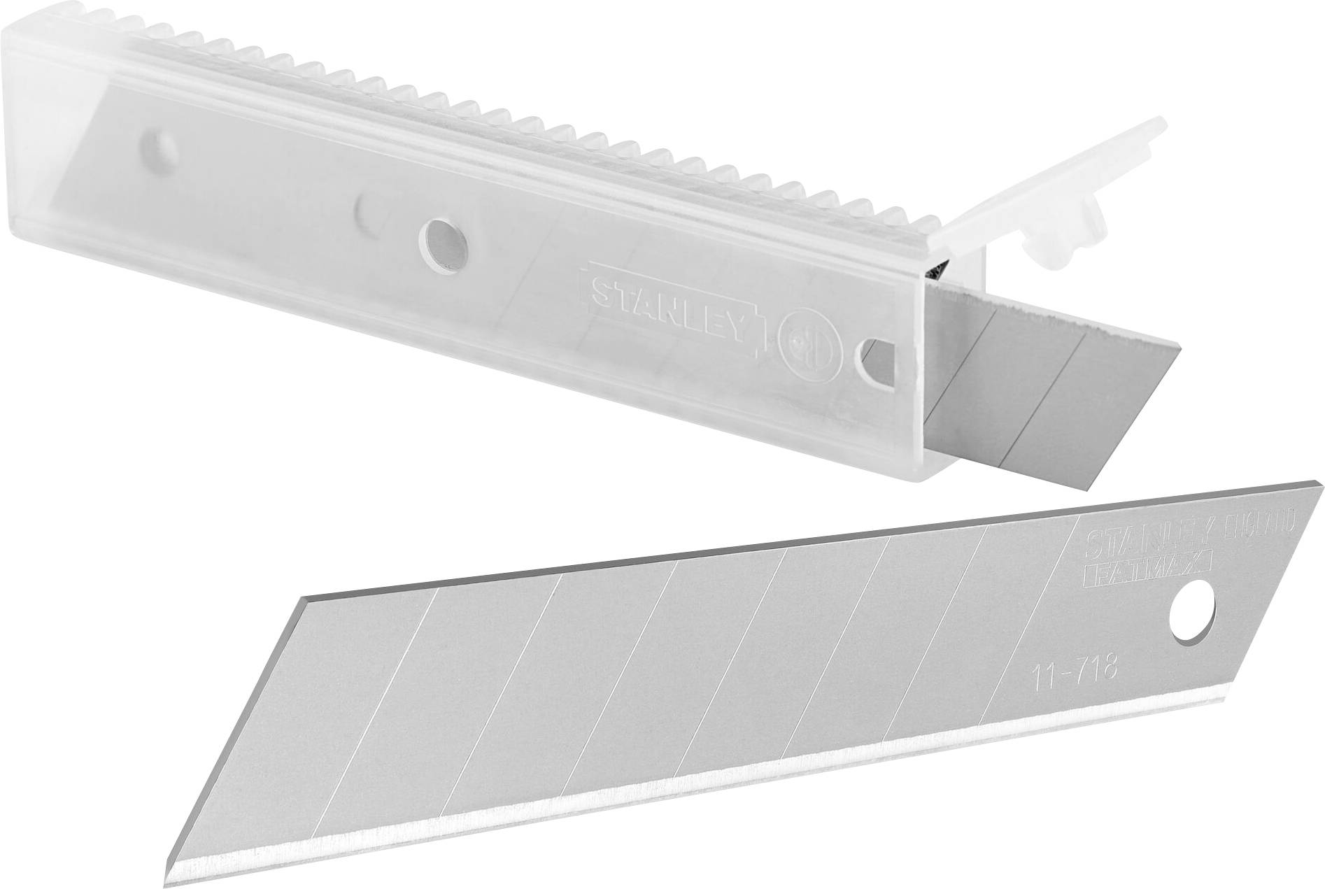 Lames de coupe dans un boîtier en plastique transparent. Une lame partiellement sortie, montrant le tranchant acéré et les segments détachables.