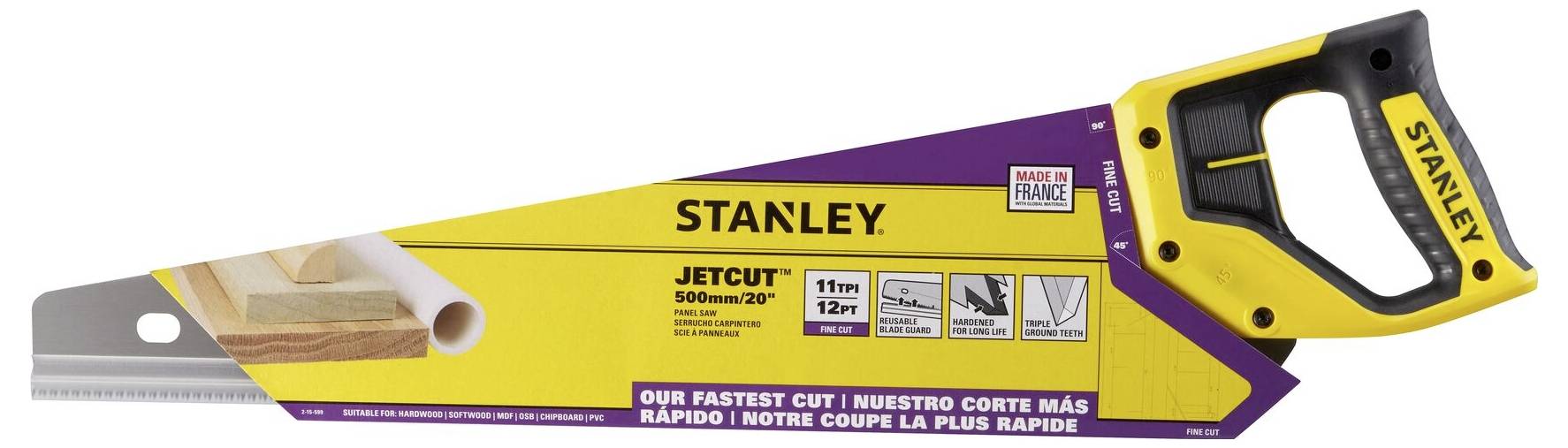 Scie à main avec poignée jaune portant l'inscription 'Stanley'. Adaptée aux travaux sur bois, permettant des coupes rapides et précises.